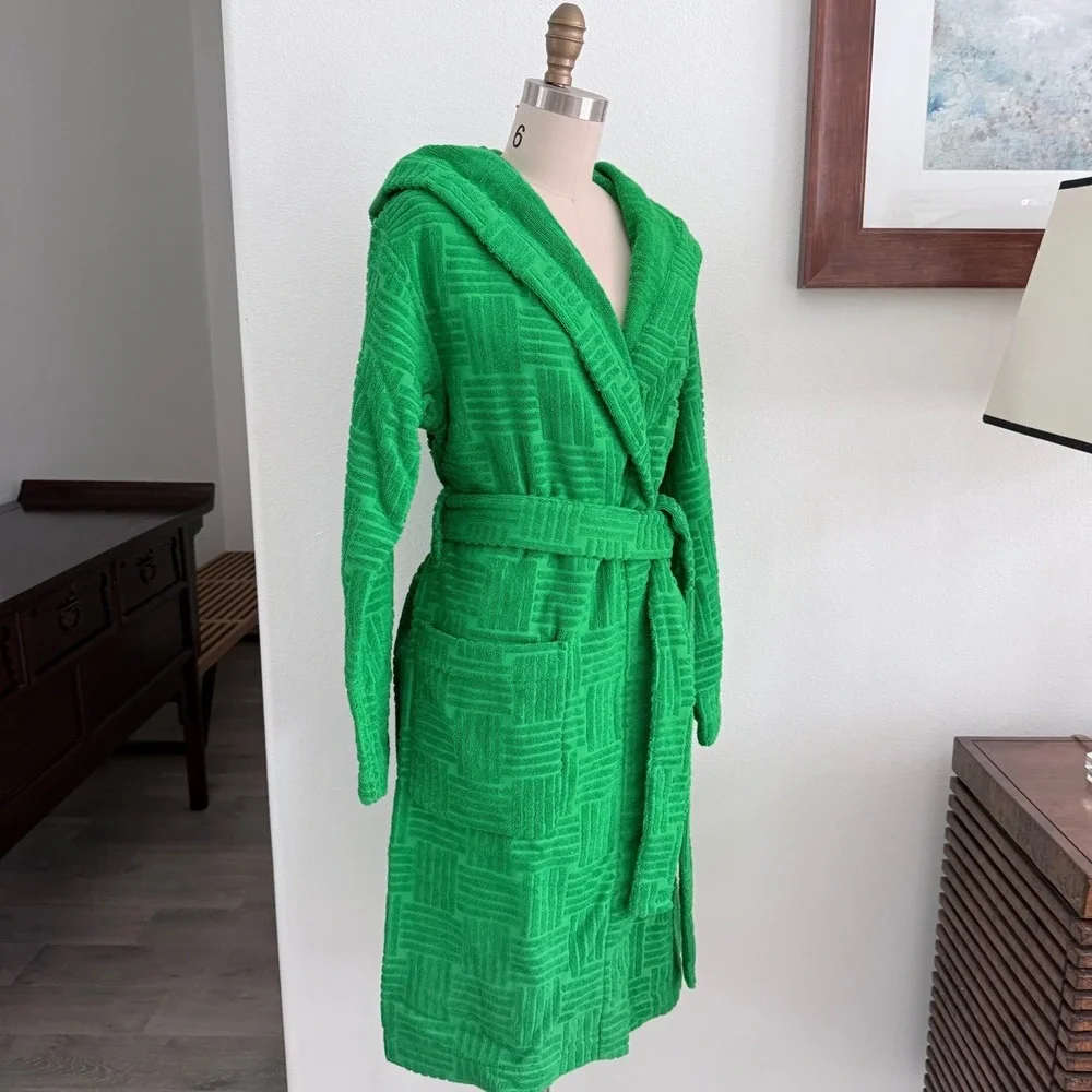 Bottega‎ Veneta Women's Terry Bath Robe Green w/hood Medium 656096 Italy
